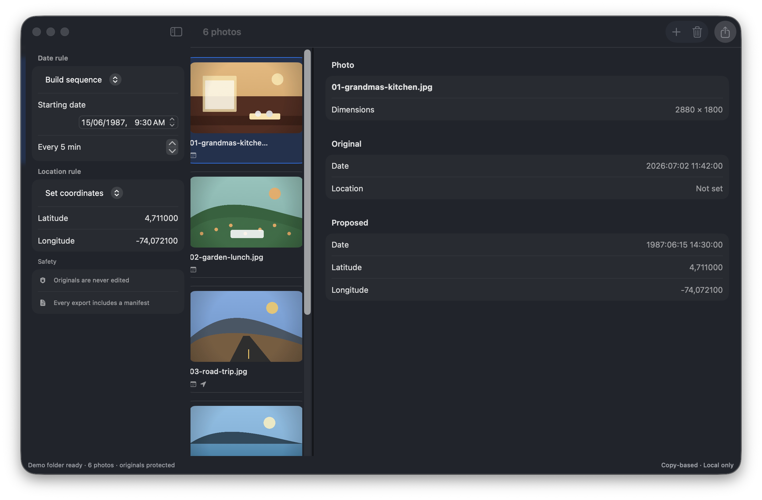 Real ExifBatch window with photo thumbnails, date and location rules, and original versus proposed metadata